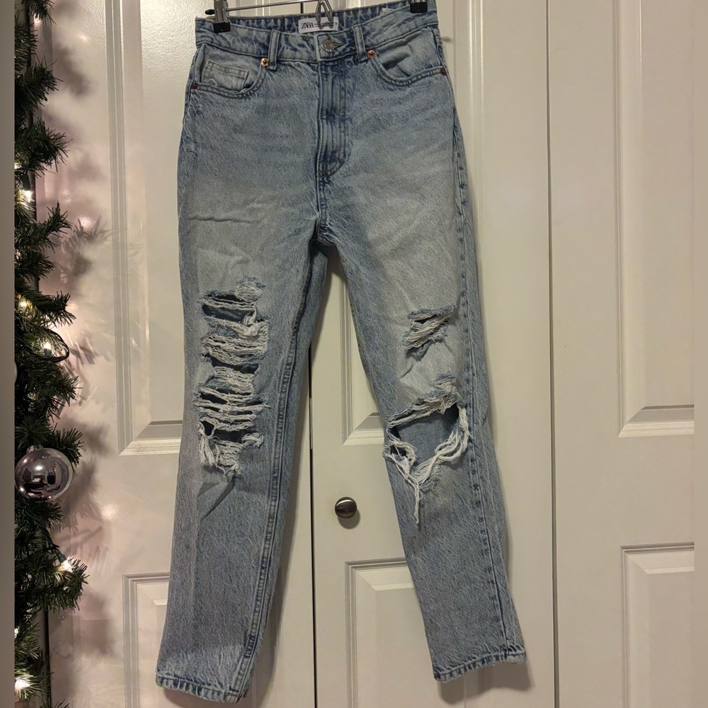 Zara Distressed Light Blue Denim Jeans
